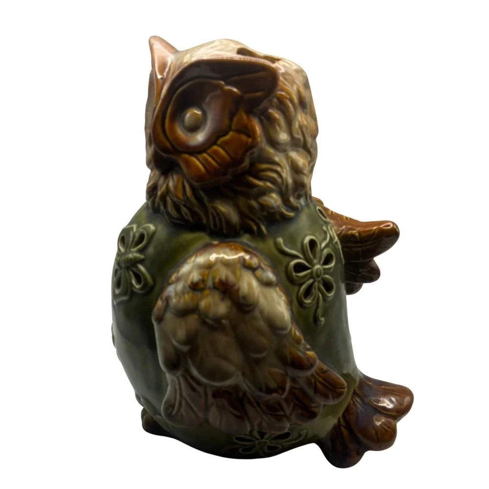 Vintage Owl Ceramic Candle Holder 9.5in Green Brown Butterfly Flower Luminary